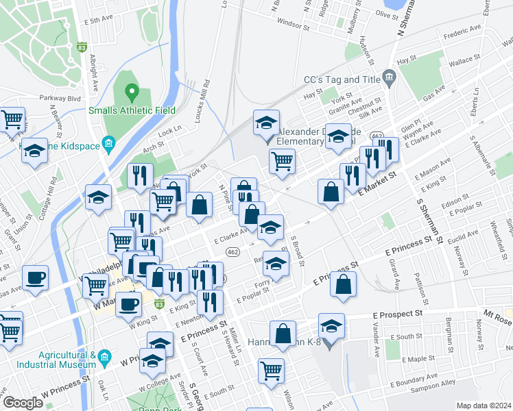 map of restaurants, bars, coffee shops, grocery stores, and more near 349 East Philadelphia Street in York