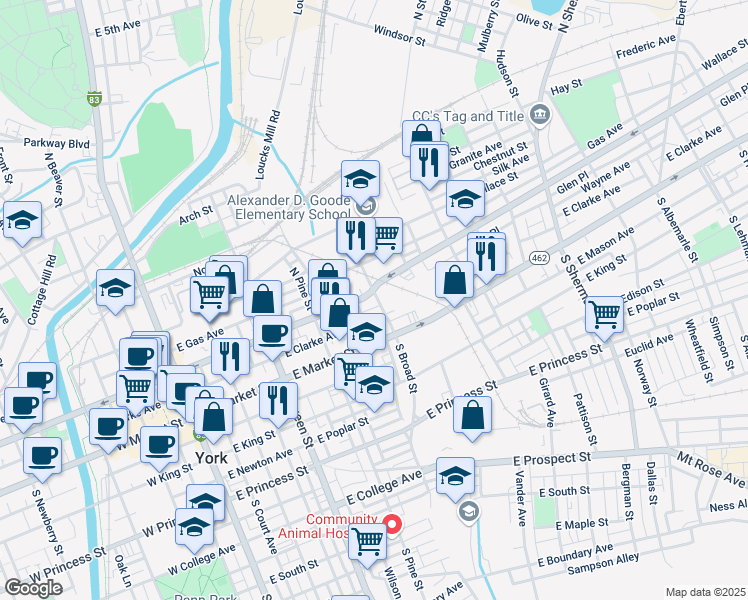 map of restaurants, bars, coffee shops, grocery stores, and more near 52 North Broad Street in York