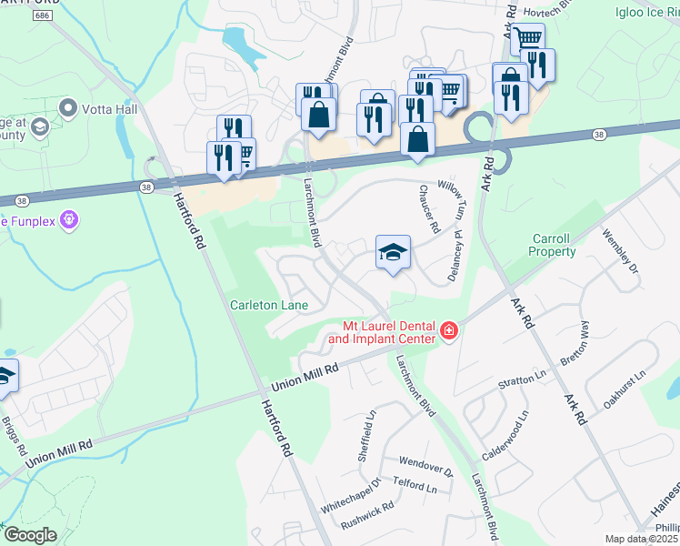 map of restaurants, bars, coffee shops, grocery stores, and more near Larchmont Boulevard & Willow Turn in Mount Laurel