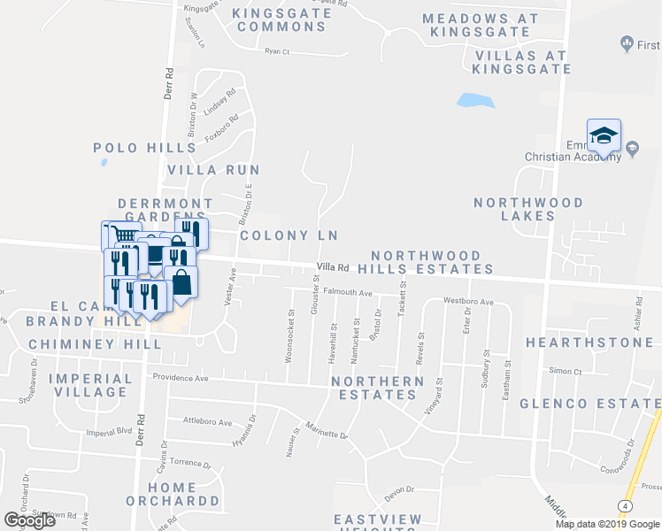 map of restaurants, bars, coffee shops, grocery stores, and more near 1500 Villa Road in Springfield