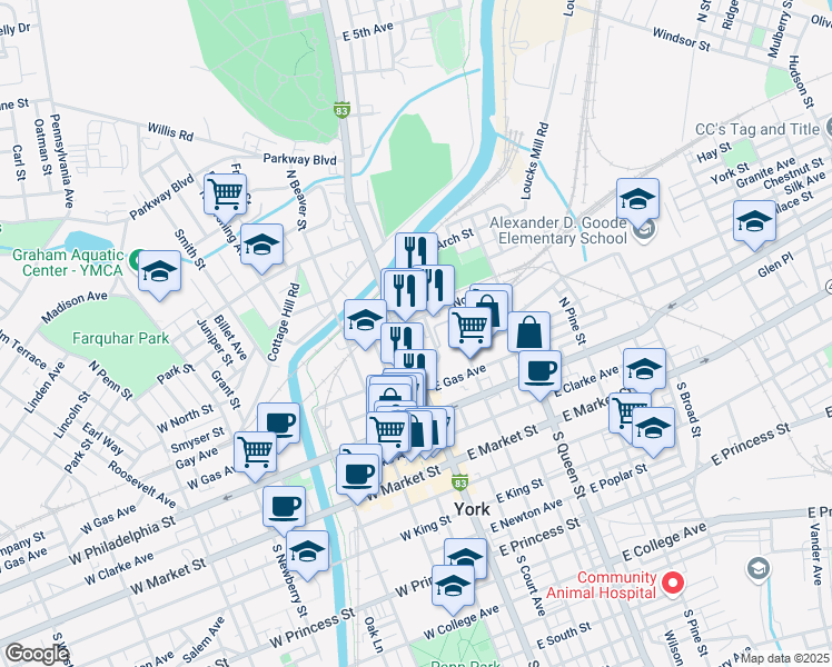 map of restaurants, bars, coffee shops, grocery stores, and more near 231 Interstate 83 Business in York