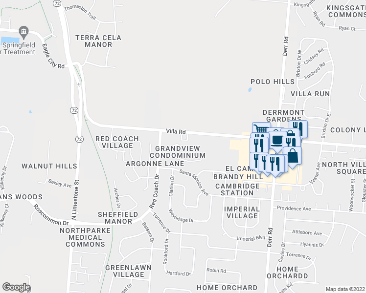map of restaurants, bars, coffee shops, grocery stores, and more near 722 Grandview Drive in Springfield