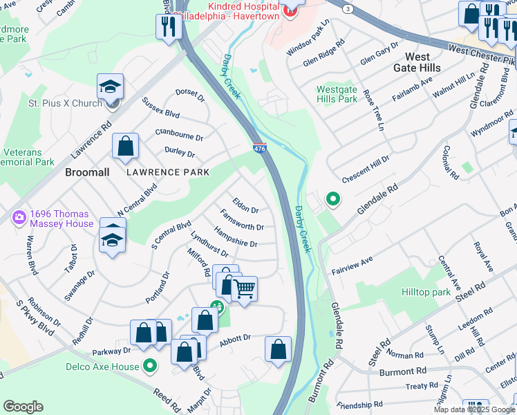 map of restaurants, bars, coffee shops, grocery stores, and more near 415 Eldon Drive in Broomall