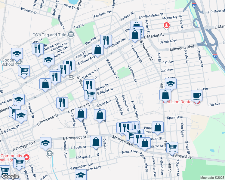 map of restaurants, bars, coffee shops, grocery stores, and more near 930 East Poplar Street in York