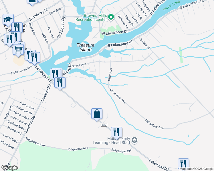 map of restaurants, bars, coffee shops, grocery stores, and more near 306 Otter Avenue in Pemberton Township