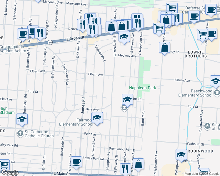 map of restaurants, bars, coffee shops, grocery stores, and more near 298 South Hampton Road in Columbus