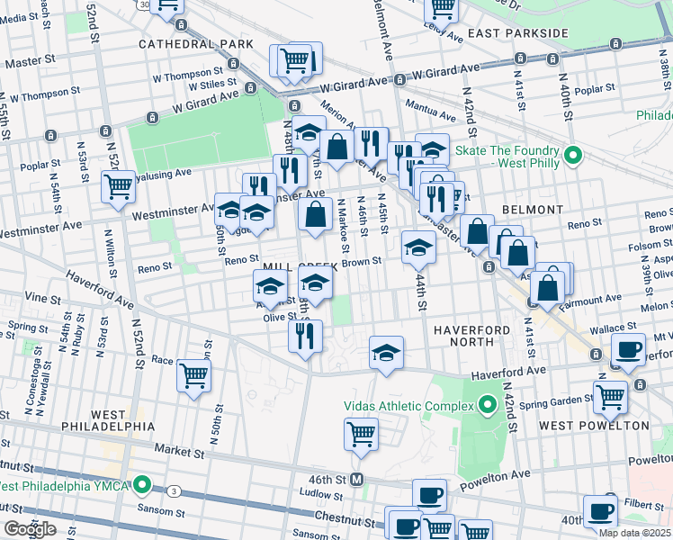 map of restaurants, bars, coffee shops, grocery stores, and more near 4644 Brown Street in Philadelphia