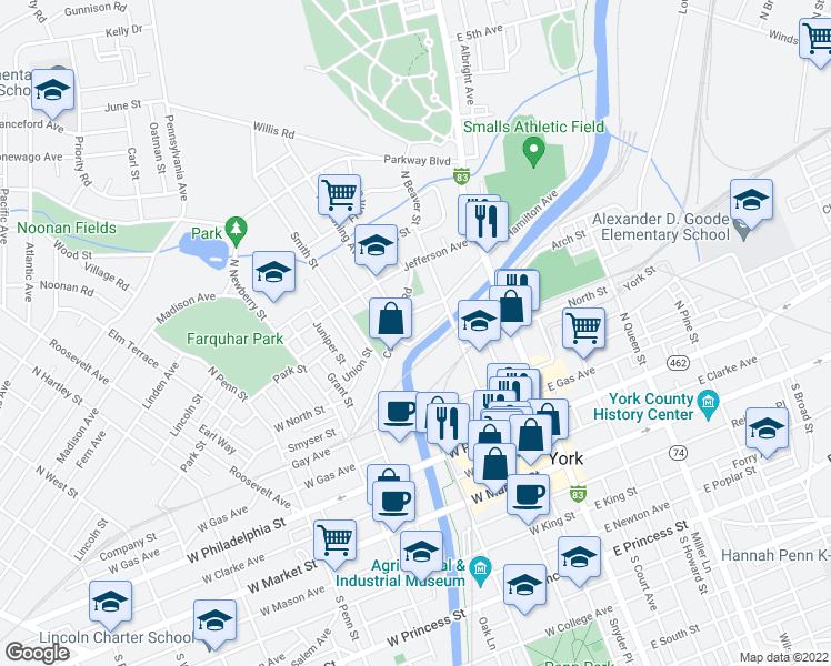 map of restaurants, bars, coffee shops, grocery stores, and more near 149 Stevens Avenue in York