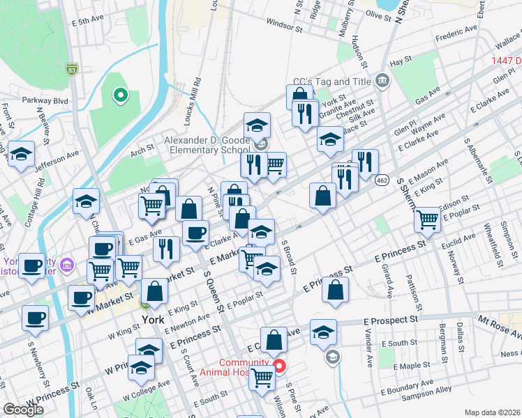 map of restaurants, bars, coffee shops, grocery stores, and more near 374 East Philadelphia Street in York