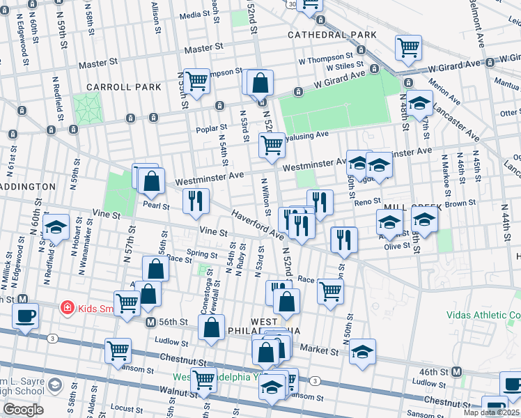 map of restaurants, bars, coffee shops, grocery stores, and more near 343 North 53rd Street in Philadelphia