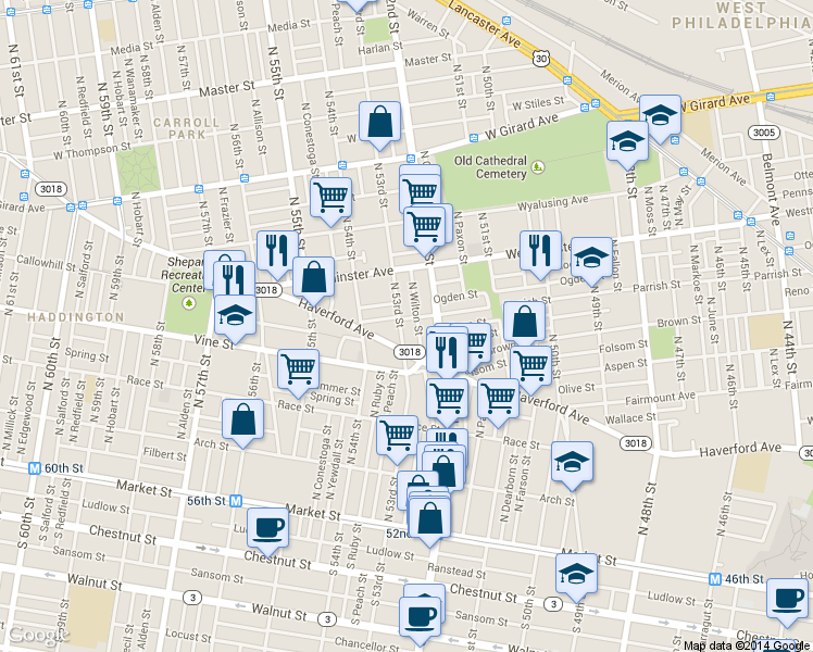 map of restaurants, bars, coffee shops, grocery stores, and more near 343 North 53rd Street in Philadelphia
