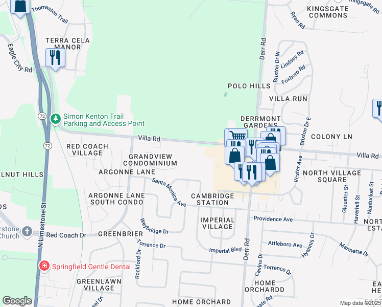 map of restaurants, bars, coffee shops, grocery stores, and more near 701 Villa Road in Springfield