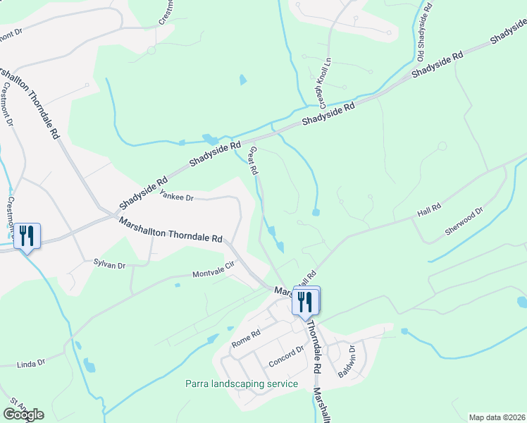 map of restaurants, bars, coffee shops, grocery stores, and more near Great Road in West Chester