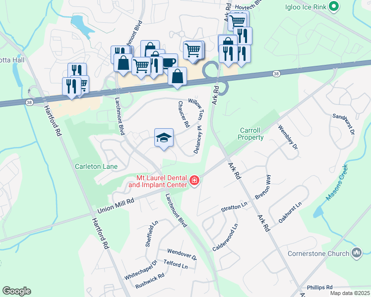 map of restaurants, bars, coffee shops, grocery stores, and more near 390B Delancey Place in Mount Laurel Township