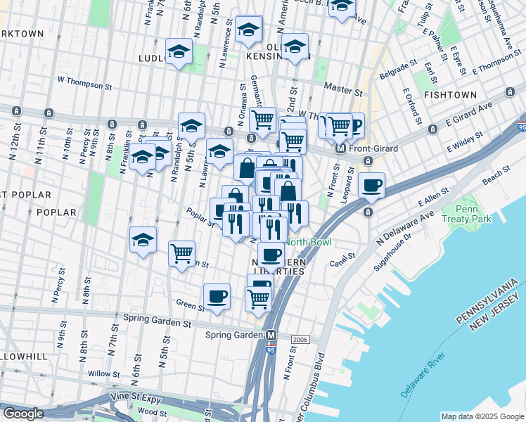 map of restaurants, bars, coffee shops, grocery stores, and more near 216 West Wildey Street in Philadelphia