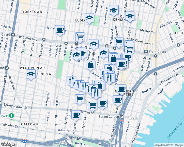 map of restaurants, bars, coffee shops, grocery stores, and more near in Philadelphia