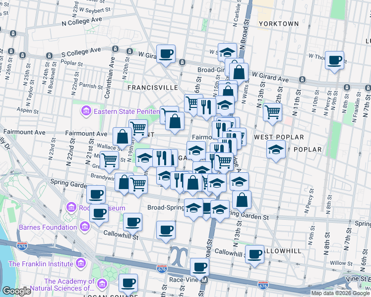 map of restaurants, bars, coffee shops, grocery stores, and more near 1530 North Street in Philadelphia