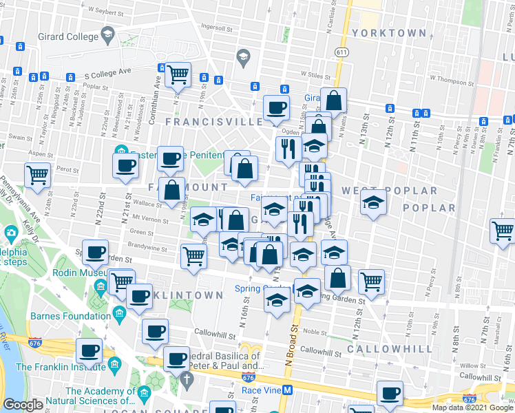 map of restaurants, bars, coffee shops, grocery stores, and more near 1530 North Street in Philadelphia