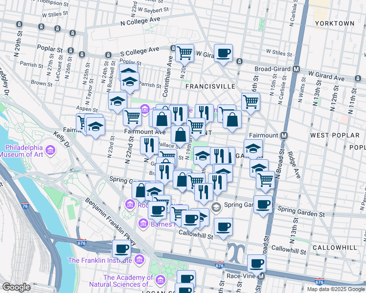 map of restaurants, bars, coffee shops, grocery stores, and more near 1916 Wallace Street in Philadelphia