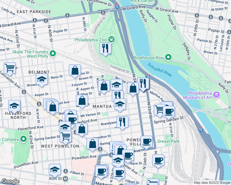 map of restaurants, bars, coffee shops, grocery stores, and more near 676 North 36th Street in Philadelphia