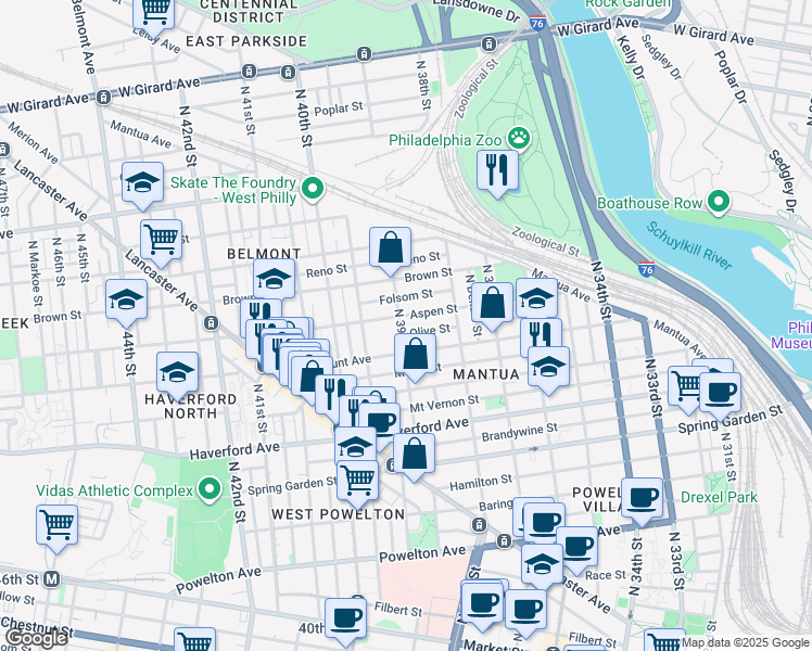 map of restaurants, bars, coffee shops, grocery stores, and more near 3860 Olive Street in Philadelphia