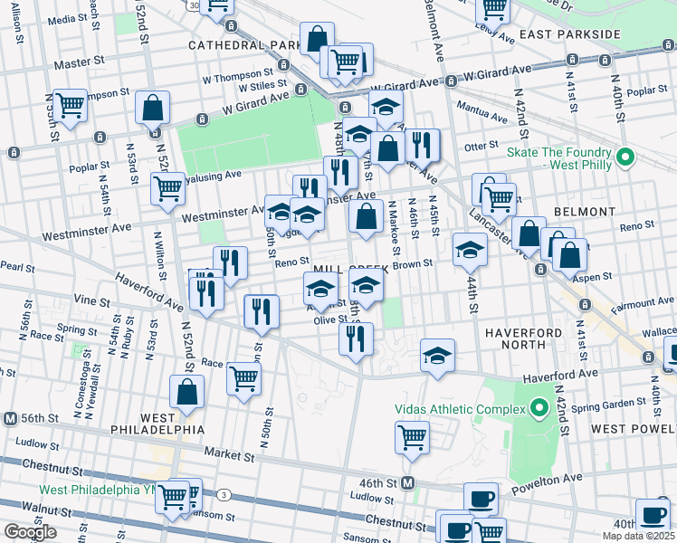 map of restaurants, bars, coffee shops, grocery stores, and more near 4826 Brown Street in Philadelphia