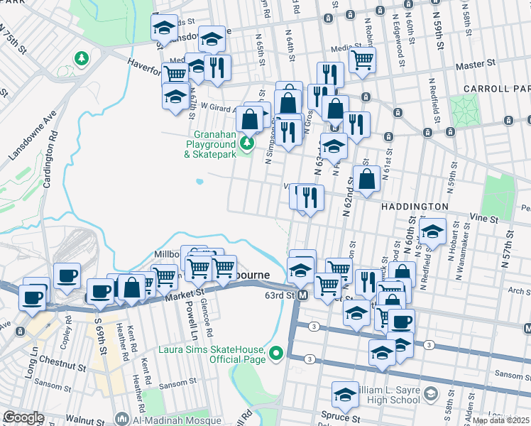 map of restaurants, bars, coffee shops, grocery stores, and more near 6421 Race Street in Philadelphia
