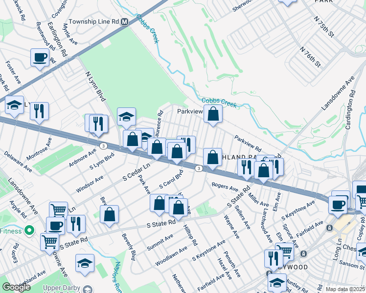 map of restaurants, bars, coffee shops, grocery stores, and more near 8008 Lennox Road in Upper Darby