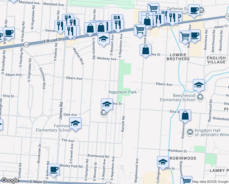 map of restaurants, bars, coffee shops, grocery stores, and more near 317 South Napoleon Avenue in Columbus