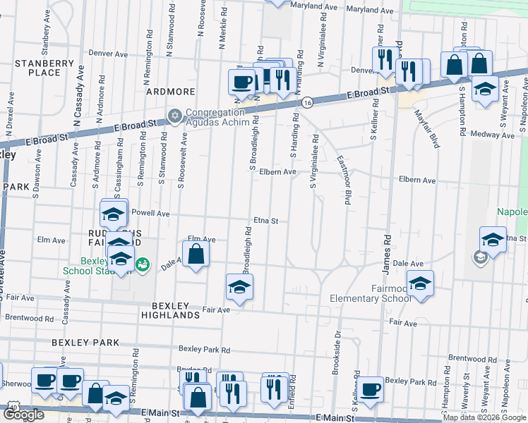 map of restaurants, bars, coffee shops, grocery stores, and more near 239 South Chesterfield Road in Columbus