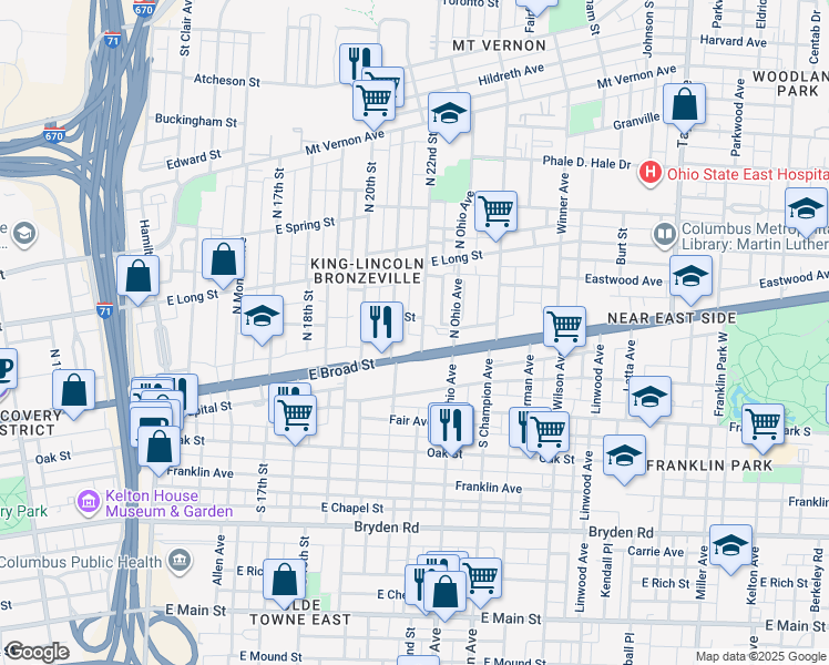 map of restaurants, bars, coffee shops, grocery stores, and more near in Columbus