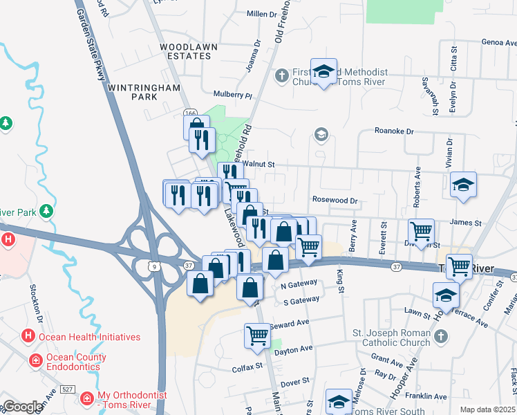 map of restaurants, bars, coffee shops, grocery stores, and more near 22 James Street in Toms River