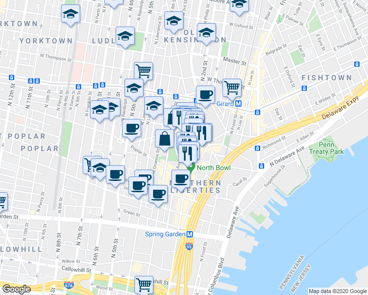 map of restaurants, bars, coffee shops, grocery stores, and more near 216 West Wildey Street in Philadelphia