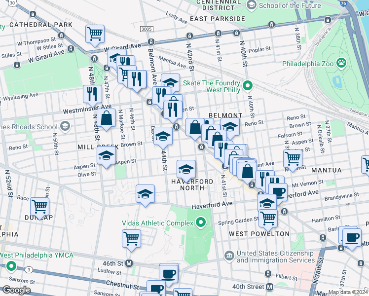 map of restaurants, bars, coffee shops, grocery stores, and more near 757 North 43rd Street in Philadelphia