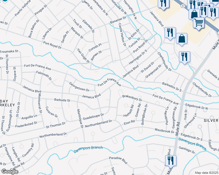 map of restaurants, bars, coffee shops, grocery stores, and more near Jamaica Boulevard & Guadeloupe Drive in Toms River