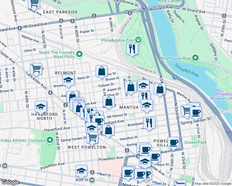 map of restaurants, bars, coffee shops, grocery stores, and more near 3823 Olive Street in Philadelphia
