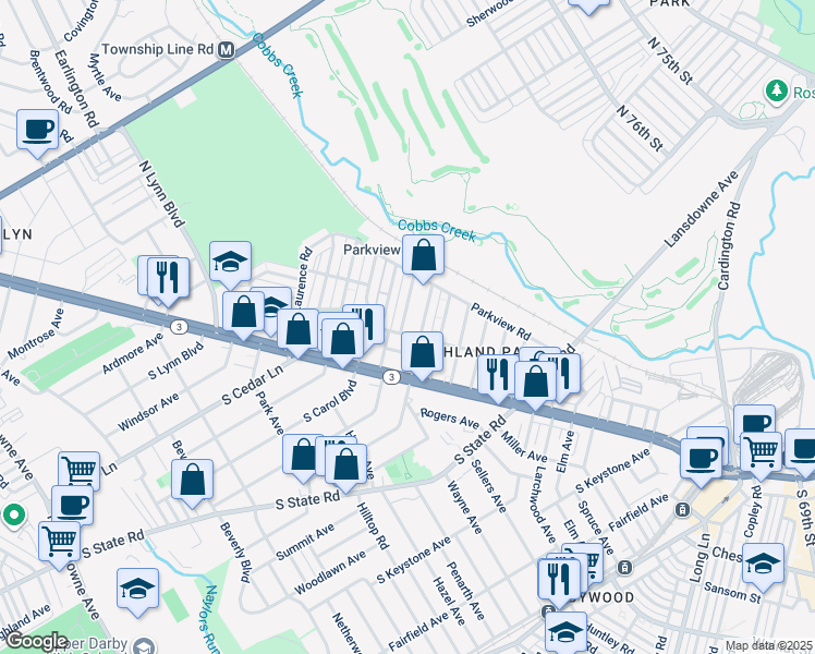 map of restaurants, bars, coffee shops, grocery stores, and more near 105 North Fairview Avenue in Delaware County
