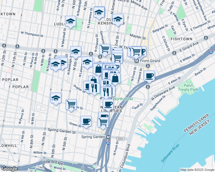 map of restaurants, bars, coffee shops, grocery stores, and more near 992 North 2nd Street in Philadelphia