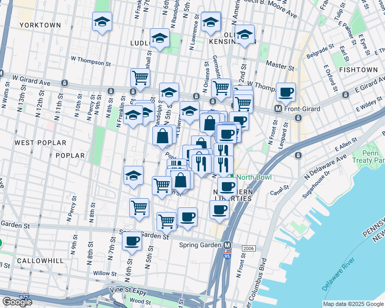 map of restaurants, bars, coffee shops, grocery stores, and more near 936 North Orianna Street in Philadelphia