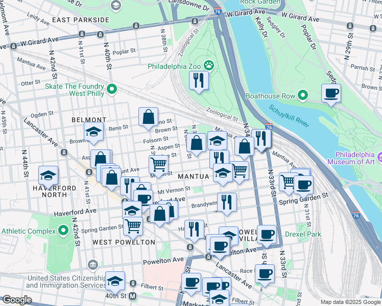 map of restaurants, bars, coffee shops, grocery stores, and more near 711 North Dekalb Street in Philadelphia