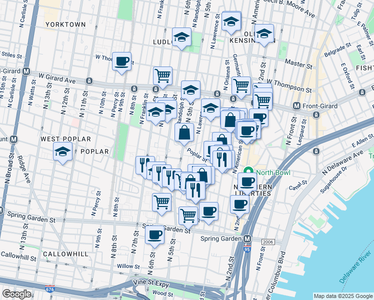 map of restaurants, bars, coffee shops, grocery stores, and more near in Philadelphia