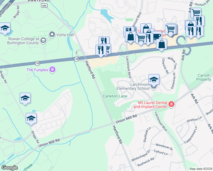map of restaurants, bars, coffee shops, grocery stores, and more near 227 Hartford Road in Mount Laurel Township