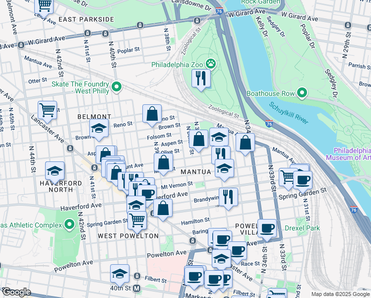 map of restaurants, bars, coffee shops, grocery stores, and more near 723 North 38th Street in Philadelphia