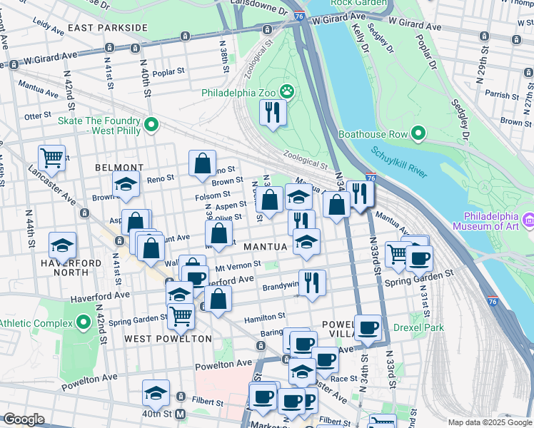 map of restaurants, bars, coffee shops, grocery stores, and more near 716 North 37th Street in Philadelphia