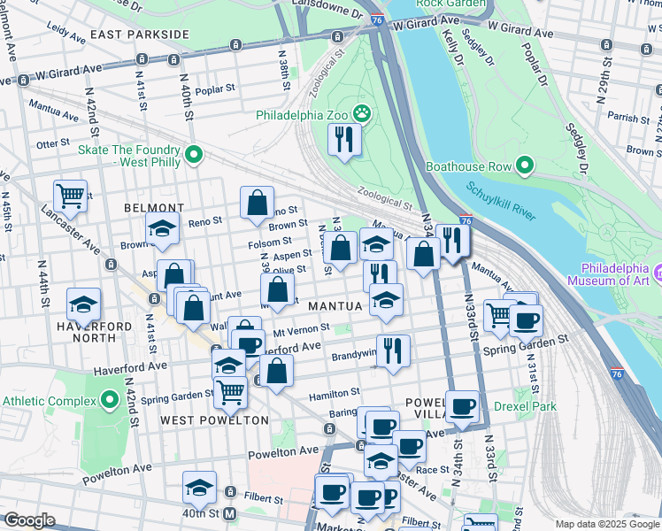 map of restaurants, bars, coffee shops, grocery stores, and more near 711 North Dekalb Street in Philadelphia