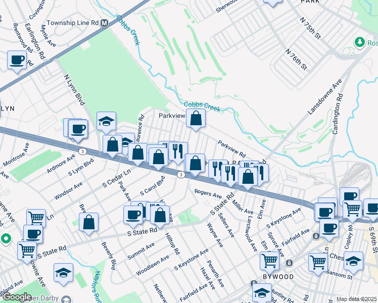 map of restaurants, bars, coffee shops, grocery stores, and more near 105 North Fairview Avenue in Delaware County