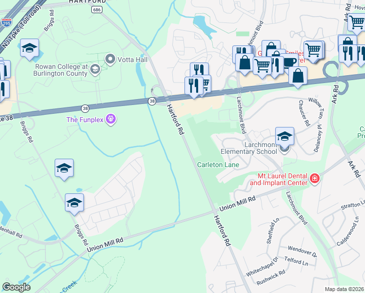 map of restaurants, bars, coffee shops, grocery stores, and more near 220 Hartford Road in Mount Laurel Township