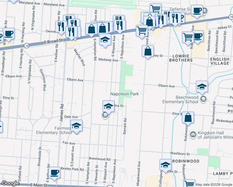 map of restaurants, bars, coffee shops, grocery stores, and more near 317 South Napoleon Avenue in Columbus