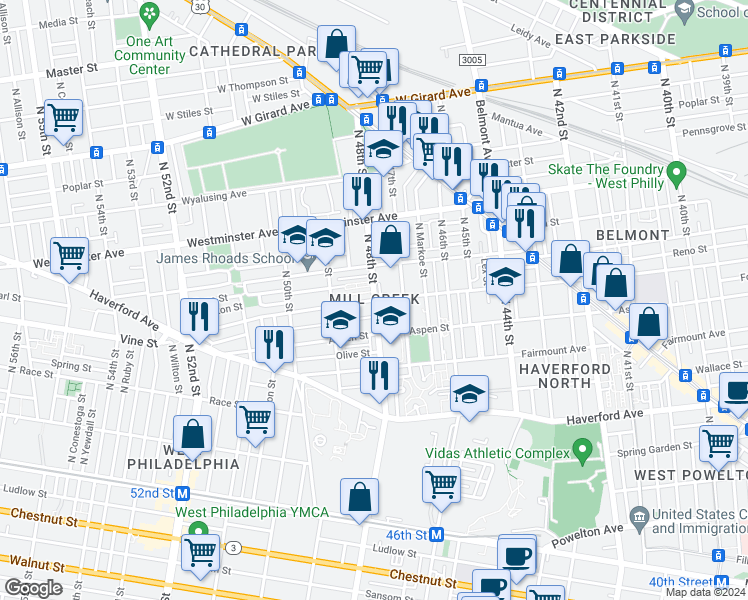 map of restaurants, bars, coffee shops, grocery stores, and more near 4801 Brown Street in Philadelphia