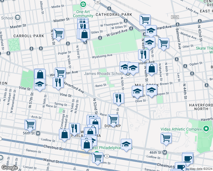 map of restaurants, bars, coffee shops, grocery stores, and more near 5110 Reno Street in Philadelphia